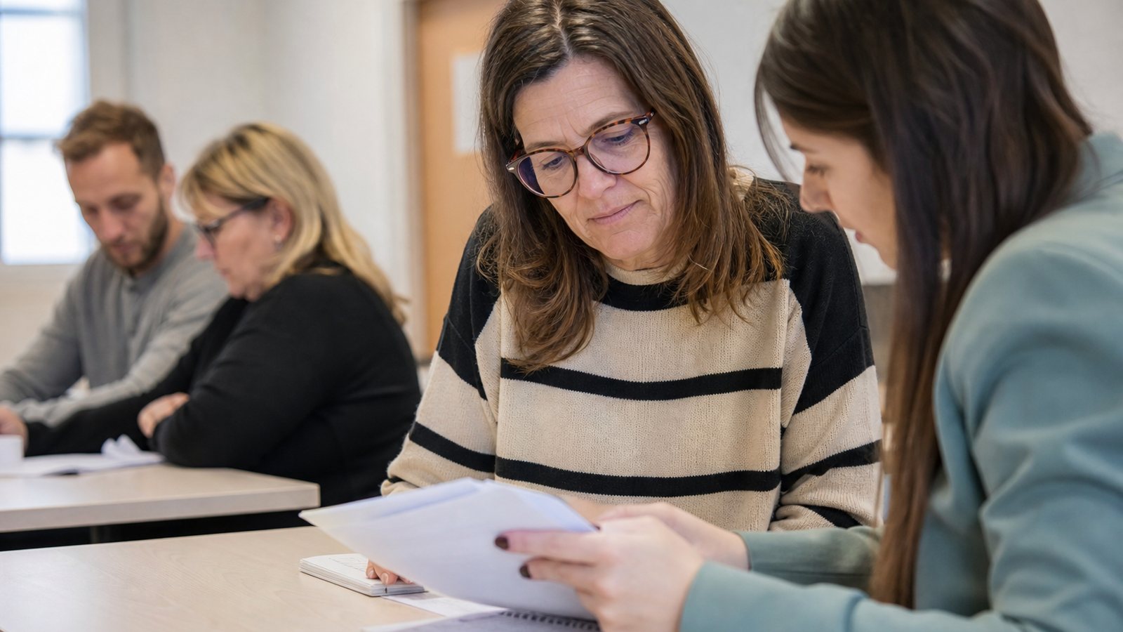 Formatrice échangeant avec une participante en situation de handicap dans une salle de formation adaptée